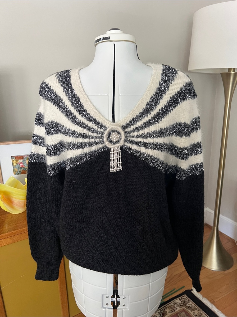 Vintage Donagain Black & Cream V-Neck Sweater with Decorative Brooch